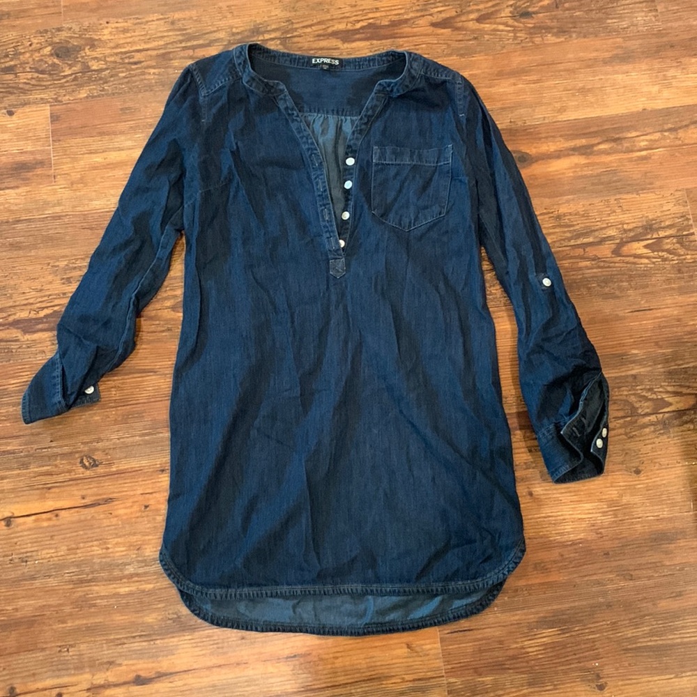 EXPRESS long sleeve dark denim button up dress!